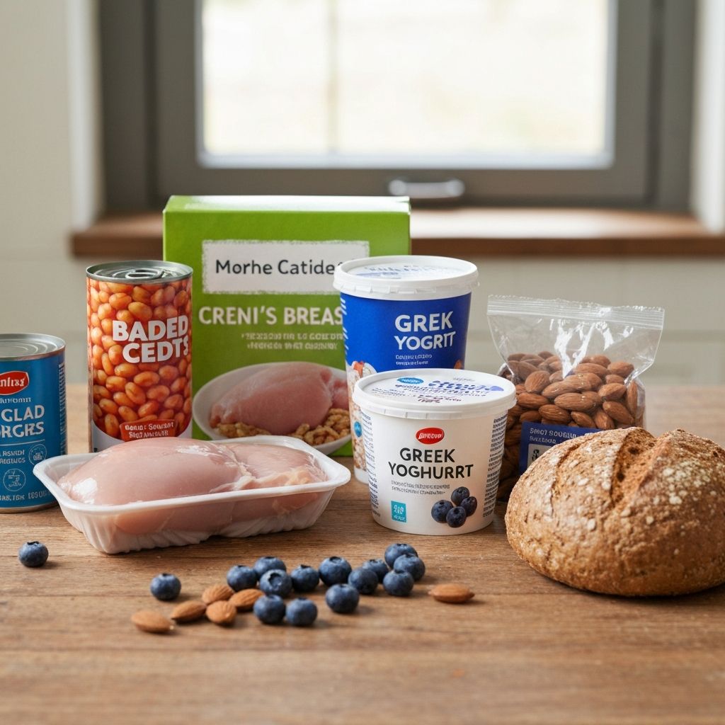 Multiple UK supermarket staple items arranged in flat-lay composition