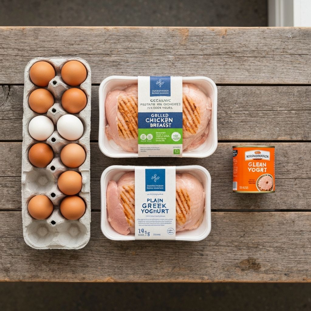 UK supermarket protein sources including eggs, chicken breast, Greek yoghurt, and tinned tuna